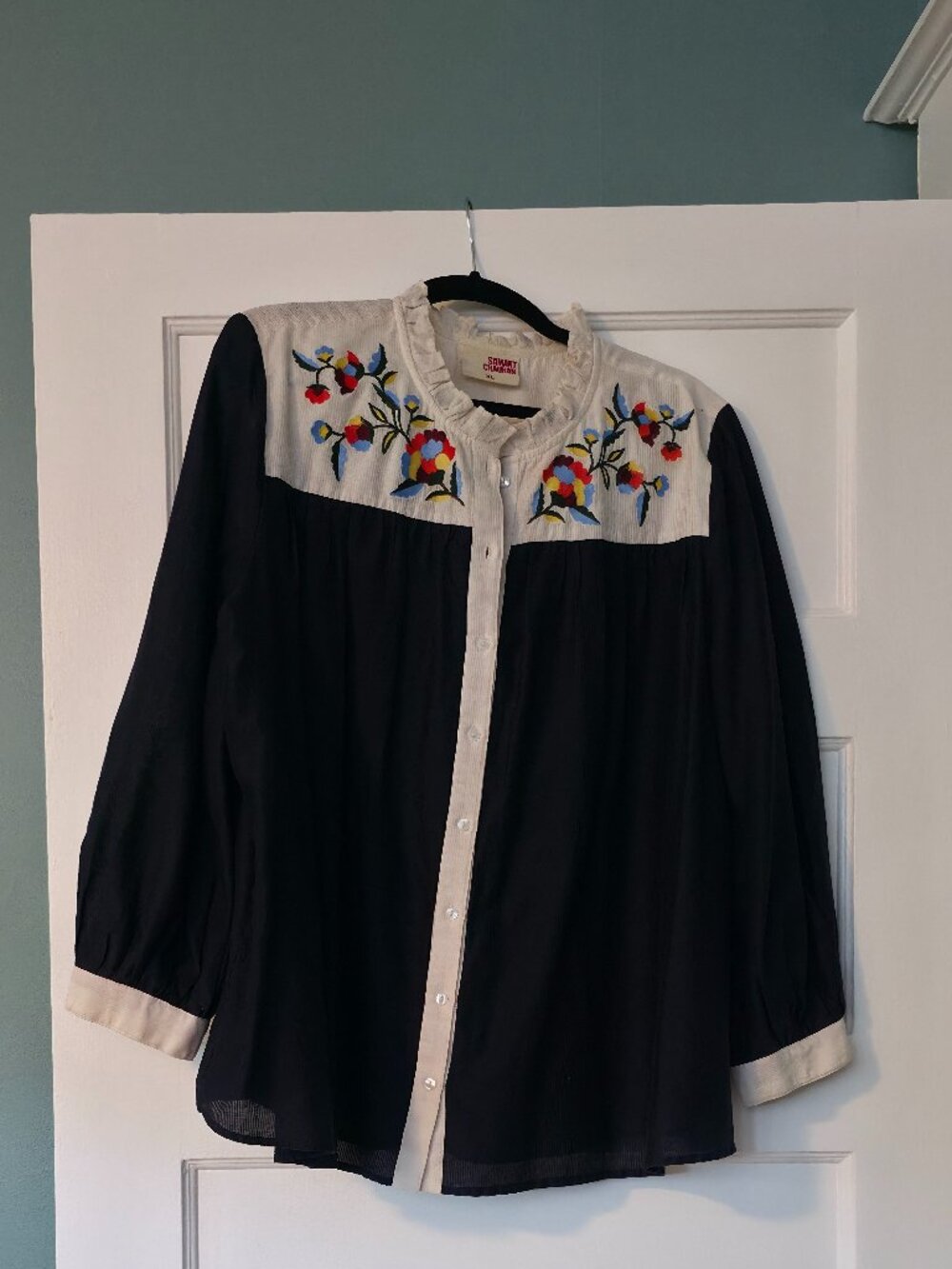 Anthropologie Samant Chauhan Embroidered Navy Blouse